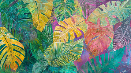 Vibrant layered leaf textures in jungle setting create lively atmosphere. colorful foliage showcases mix of greens, yellows, and pinks, evoking sense of tropical beauty