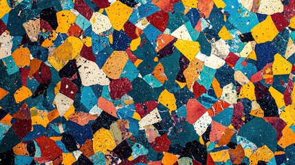 Colorful fragments of recycled materials create a vibrant mosaic pattern