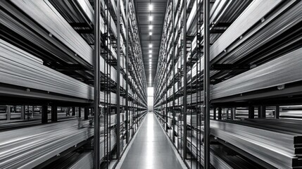 Rows of aluminum profiles stored on tall racks in a spacious warehouse. The symmetry of the layout and the reflective surfaces of the aluminum create a sense of order and scale.
