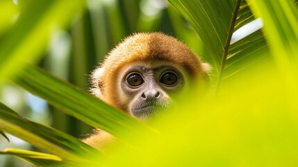 Fototapeta premium 2409_034. A agile gibbon surrounded by tropical canopy, showcasing a acrobatic swinging in a vibrant outdoor setting. This image captures the essence of adventure and happiness in nature