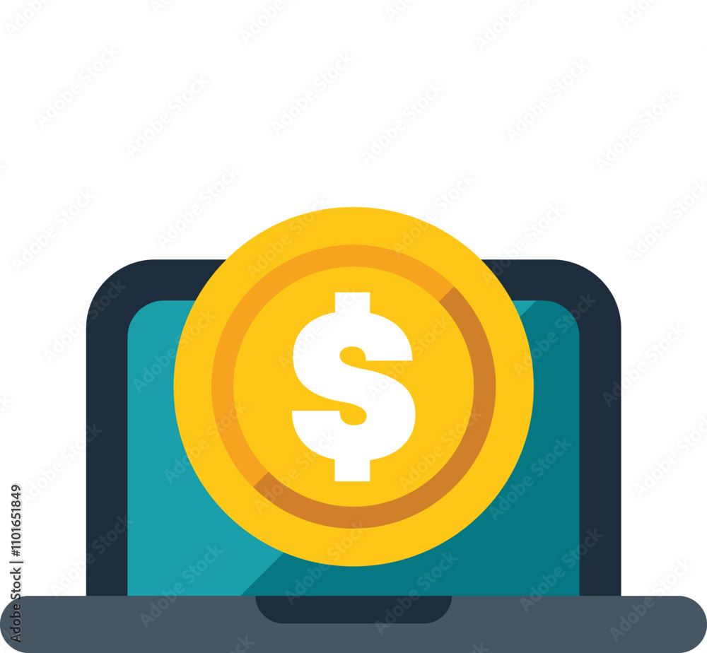 Poster laptop displaying a large gold coin with a dollar sign, representing online transactions and digital