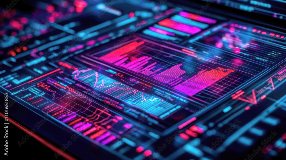 Poster futuristic data visualization with vibrant neon elements.