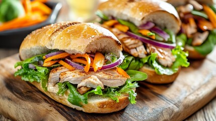 Delicious grilled chicken sandwiches with fresh vegetable on a wooden board.