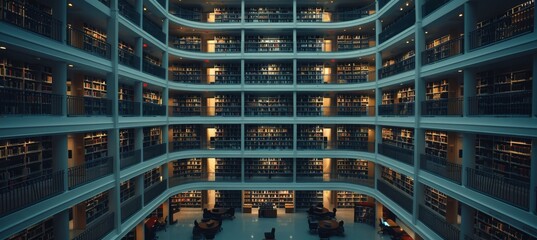 Obraz premium Grand university library with towering bookshelves and students studying in a serene atmosphere