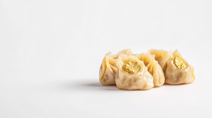 Bite-sized Asian dumplings with edible gold, stark white background 