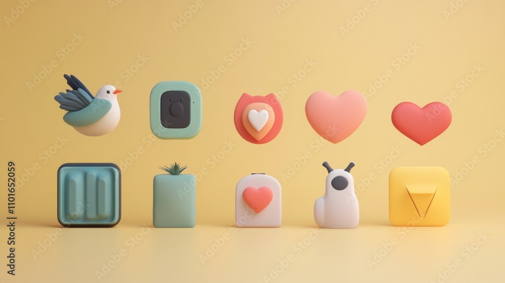 Poster colorful three dimensional icons arranged on yellow background