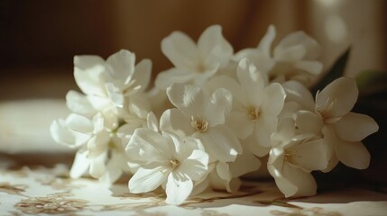 Fototapeta premium Elegant arrangement of delicate white flowers gracefully displayed on a softly lit table, highlighting their intricate petals and gentle beauty.