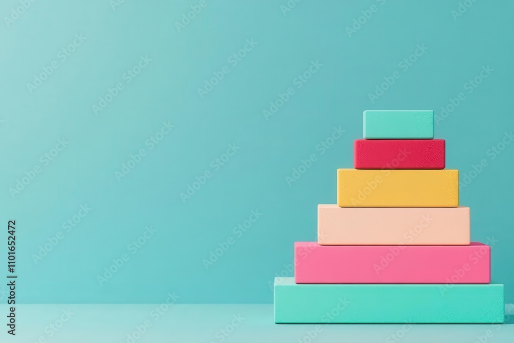 Poster a colorful stack of rectangular boxes arranged in a pyramid shape against a solid teal background.