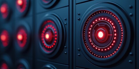 peak energy demand concept. A close-up of a dark panel featuring glowing red circular lights, creating a high-tech, futuristic aesthetic.