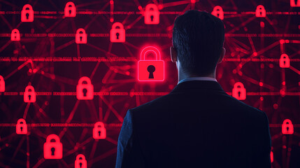 man observes digital network with glowing red padlocks