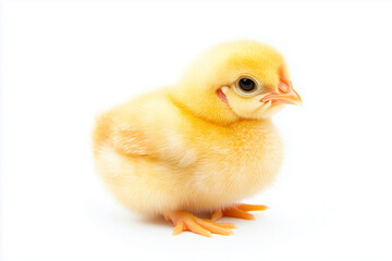Obraz premium Portrait of baby chicken isolated on white background, Selective focus chick with hairy on white.