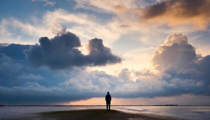 Silhouette of a Solitary Figure Gazing at the Heavens in a Dreamlike Landscape, Reflecting Solitude and Wonder in a Majestic Fantasy Setting, Captured in Breathtaking Digital Art
