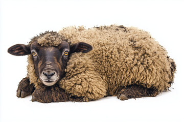 Naklejka premium Portrait of woolly sheep isolated on white background, Selective focus dirty fur sheep sleep on white.