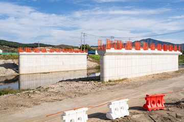 A bridge construction site, using modern technologyHaving laid a foundation to build a bridge,