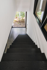 Modern staircase leading down to a serene outdoor space in residential home