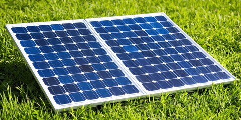 peak energy demand concept. A solar panel rests on green grass, showcasing its blue photovoltaic cells, designed for harnessing renewable energy from sunlight.