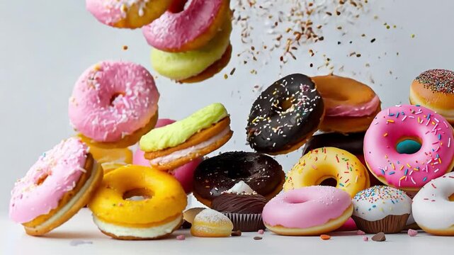 A delightful assortment of donuts and cupcakes falling from air, showcasing colorful icing and sprinkles on white backdrop. Sugary food and unhealthy desserts