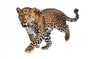 Obraz premium Portrait of walking leopard isolated on white background, Selective focus running cheetah on white, The fastest animal .