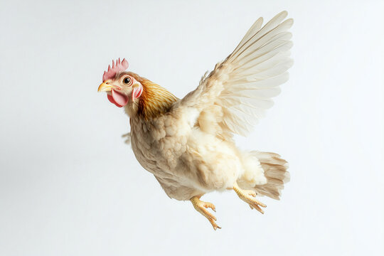 Selective focus flying chicken isolated on white background, Portrait of frightened flying chicken on white.