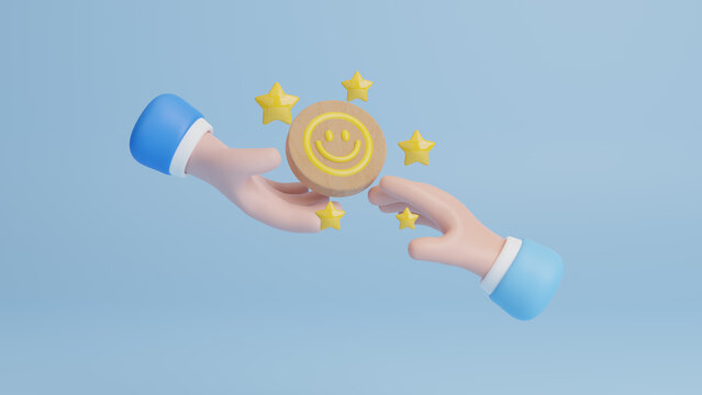 3D hand holding happy smile face emotion, good feedback rating,positive customer review, experience, satisfaction survey ,world mental health day, Compliment Day. Positive Thinking concept. 3d render