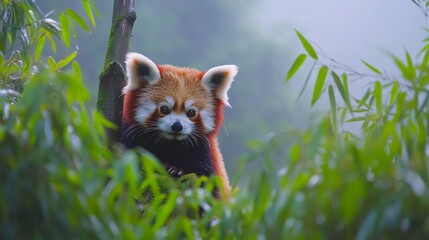 Obraz premium 2409_024. A curious red panda surrounded by misty bamboo forest, showcasing a tree balancing in a vibrant outdoor setting. This image captures the essence of adventure and happiness in nature