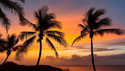 Silhouette of palm trees against a vibrant tropical sunrise or sunset, showcasing serene skies with vivid hues of orange, pink, and purple, reflecting tranquility and natural beauty.