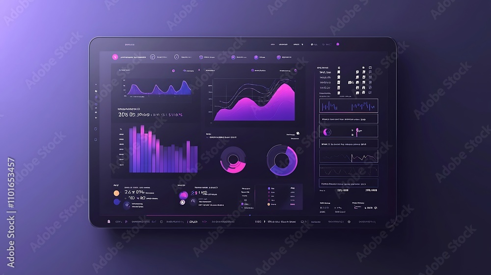 Poster tablet displaying a sophisticated dashboard of business analytics and charts