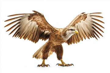 Obraz premium Portrait of hawk isolated on white background, Selective focus baby eagle, Close up shot flying hawk with wing spreading.