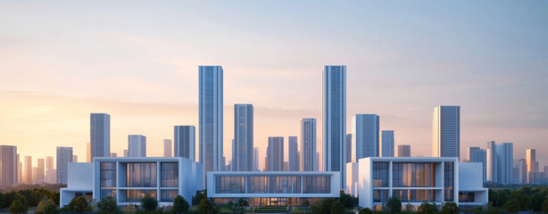 Obraz premium Modern urban district with innovative structural design at sunset