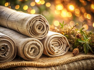 Natural Organic Fabric Rolls of Flax and Cotton with Bokeh Effect - Closeup of Textures and Patterns for Eco-Friendly Textiles and Sustainable Fashion