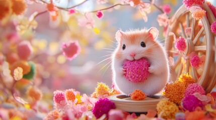 2409_009. A energetic hamster surrounded by  spinning wheel, showcasing a  cheek stuffing in a vibrant outdoor setting. This image captures the essence of adventure and happiness in nature
