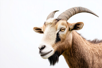 Portrait of mountain goat isolated on white background, Selective focus goat face on white.