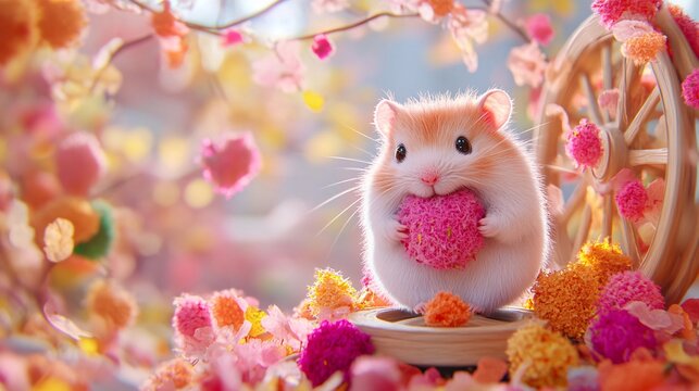 2409_009. A energetic hamster surrounded by  spinning wheel, showcasing a  cheek stuffing in a vibrant outdoor setting. This image captures the essence of adventure and happiness in nature