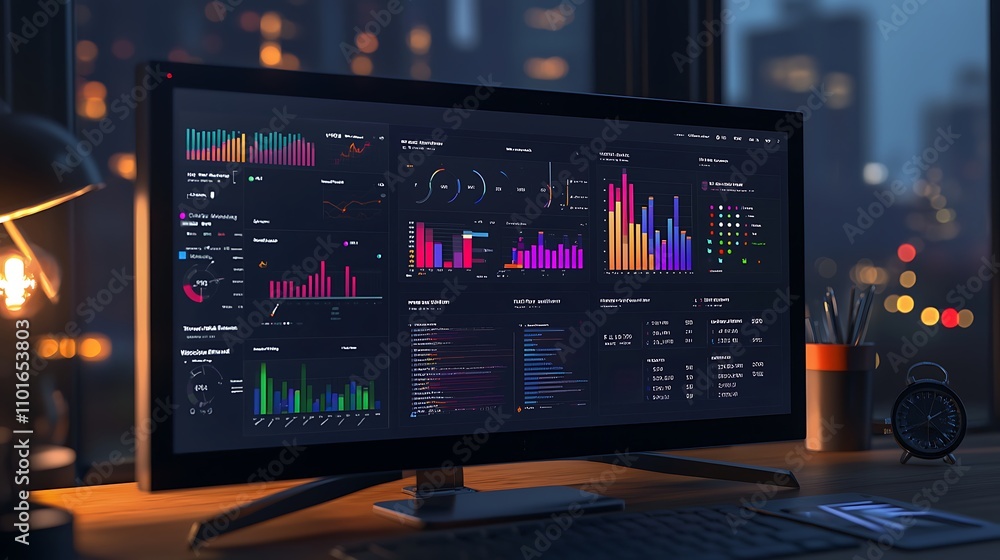 Poster nighttime data analytics dashboard on a modern desktop computer
