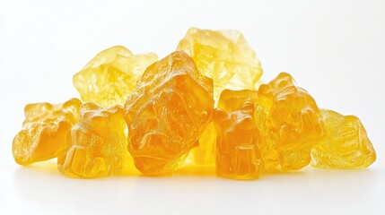 Vibrant yellow gummy bears with a jiggly jelly texture, arranged in a playful pile on a pristine white background for a fresh and inviting look.