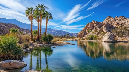 Tranquil desert oasis with palm trees and crystal clear waters reflecting rugged mountains under a vibrant blue sky, creating a serene retreat.