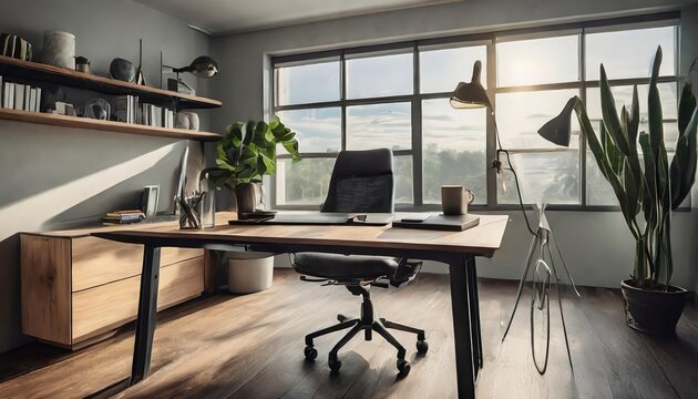 Create a sleek and minimalist home office setup featuring a modern desk, ergonomic chair, and clean decor designed for productivity and style, blending comfort with a contemporary aesthetic.