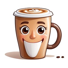 A cartoon coffee cup representing a cafe or relaxation on a white background.
