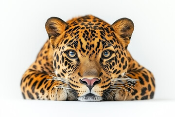 Obraz premium Portrait of lay down leopard isolated on white background, Selective focus sit cheetah on white, The fastest animal .