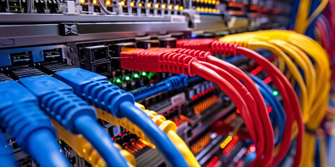 Colorful network cables connected to a server rack in a data center.