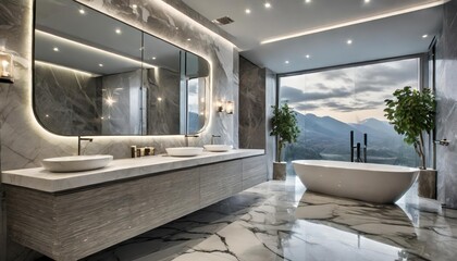 Luxurious sleek grey marble bathroom featuring soft LED lighting, a spacious double vanity, a stunning freestanding tub, and modern finishes for an elegant and serene design aesthetic.