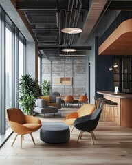 Modern coworking space Modern coworking space with sleek design and vibrant accents for a productive modern coworking space ,Unique Chair Designs for Creative Offices. stylish office interiors