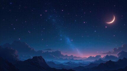 Rainbow Constellations and Crescent Moon in a Sparkling Night Sky