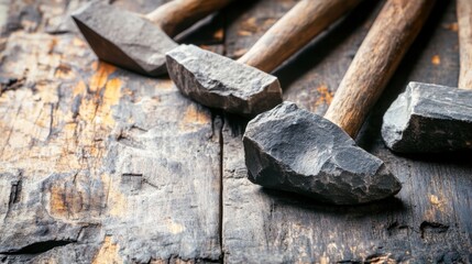  Close-up of ancient stone tools, sharp flint knives, and polished axes on a weathered wooden surface, symbolizing prehistoric craftsmanship and the dawn of human ingenuity.