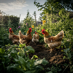 Chickens foraging in a vibrant garden nature animals sunlit environment close-up view farm life concept