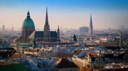 Obraz premium The beautiful rooftops of Vienna stretch below the iconic spires of St. Stephen's Cathedral. The view from this landmark showcases the architectural elegance of Austria capital.
