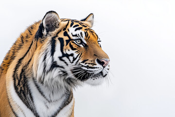Fototapeta premium Portrait of aggressive tiger isolated on white background, Safari hunter with stripe on the body, Selective focus tiger on white.