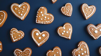 Gingerbread heart cookies with white icing designs scattered on a dark blue background, ideal for festive Valentineâ€™s Day celebrations.