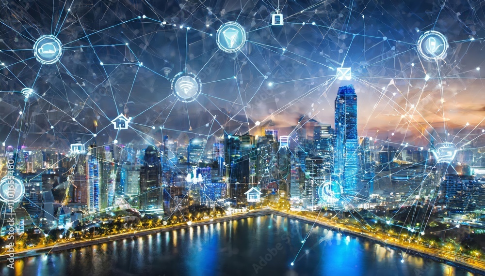 Poster a futuristic smart city interconnected through an advanced network of iot devices, high-speed g, and
