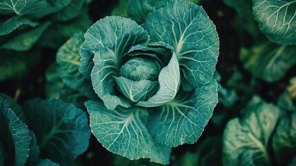 Lush green cabbage showcasing vibrant leaves, flourishing in an organic home garden, captured in a close-up perspective.